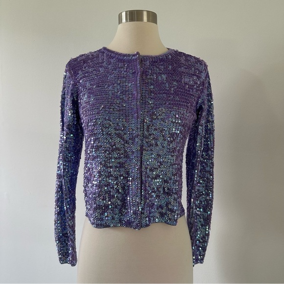 Bloomingdale’s  100% Silk Sequins Purple Cardigan Sweater - Picture 5 of 8